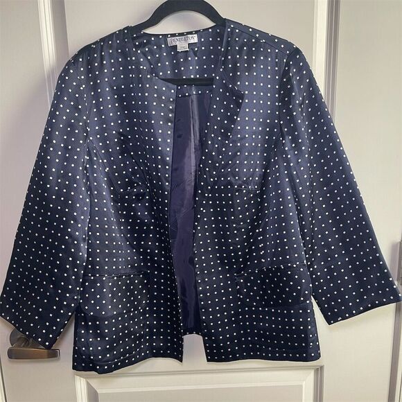 Pendleton Jackets & Blazers - Pendleton Women's Plus 14w Navy Polka Dot Blazer 3/4 Sleeve Open Front